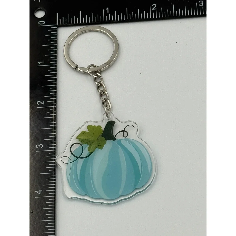 Blue Pumpkin Acrylic‎ Keychain Fall Autumn Harvest Bag Charm Silver Ring